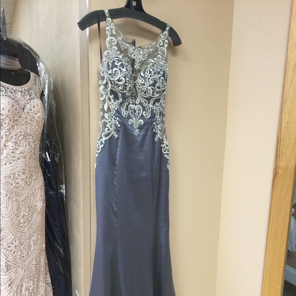 Madison James Grey Satin Beaded Prom Dress Size 2